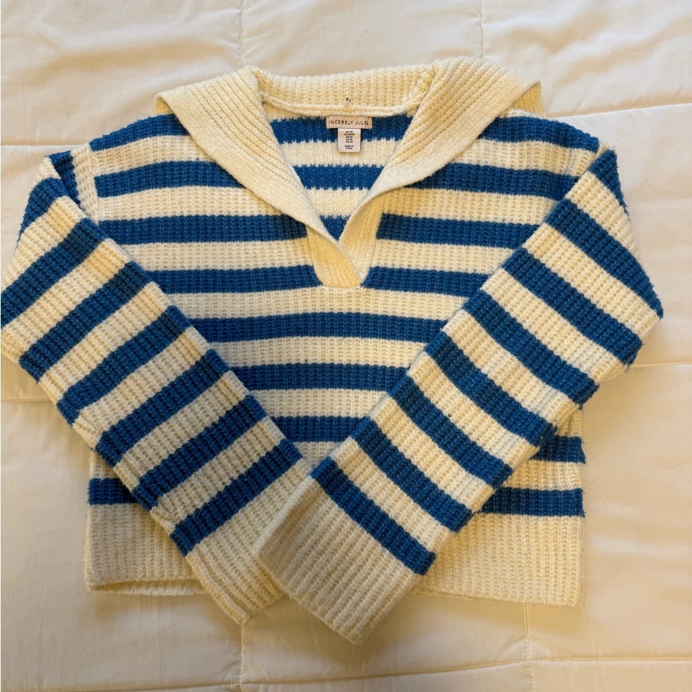 Sincerely Jules Blue and Cream V-Neck Sweater